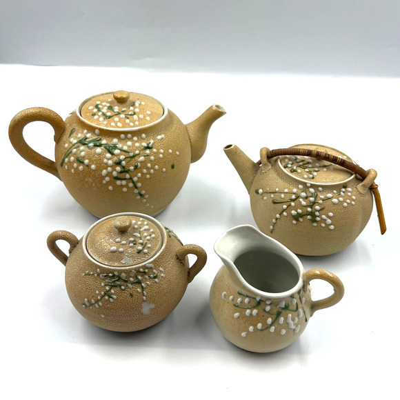 Antique Meiji Period Tea Set 4 Pieces Shark Skin Moriage Porcelain Cream Sugar - Picture 1 of 16